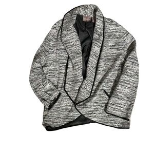 Chico's White Black Blazer Jacket Coat Long Sleeve Sz 2 Black Leather trim